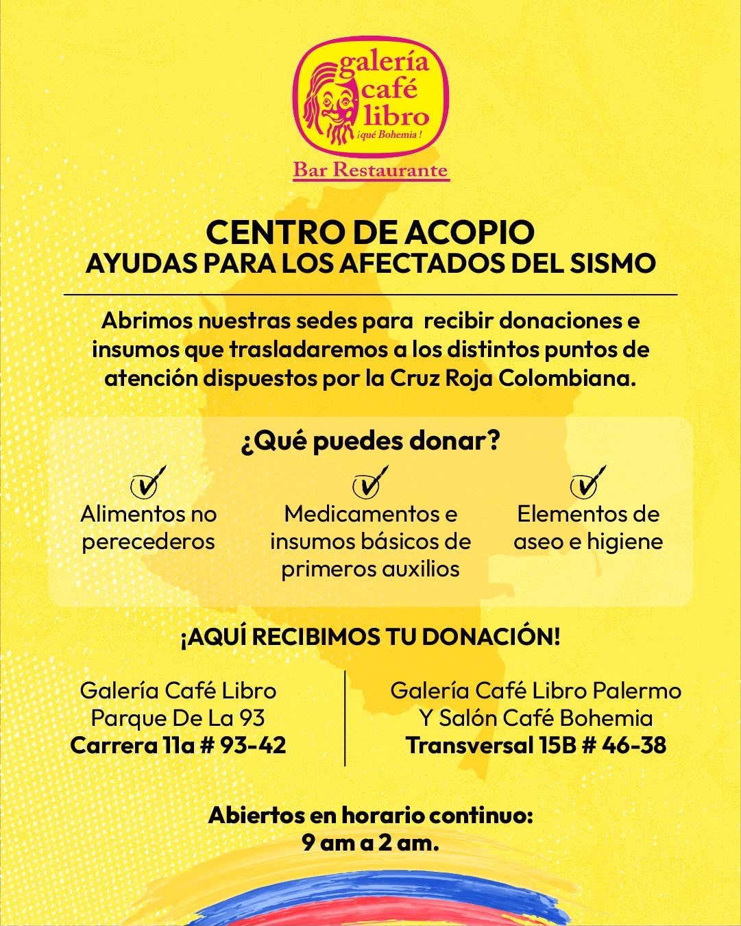 Evento - Galería Café Libro - Programación Abrimos las puertas de nuestras sedes para recibir donaciones e insumos